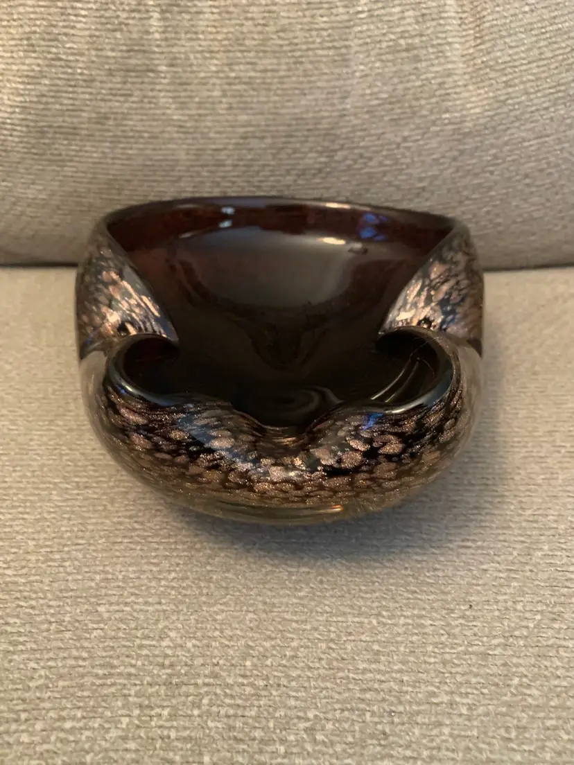 Maruno Folded Glass Ash Tray With Gold Flecks 7 1/4 X 6 1/4 X 2 3/4 Inches