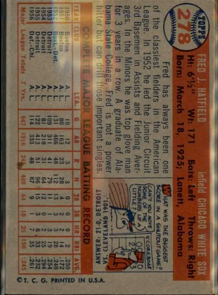 1957 Topps #278 Fred Hatfield - ( pk1 ) - Chicago White Sox