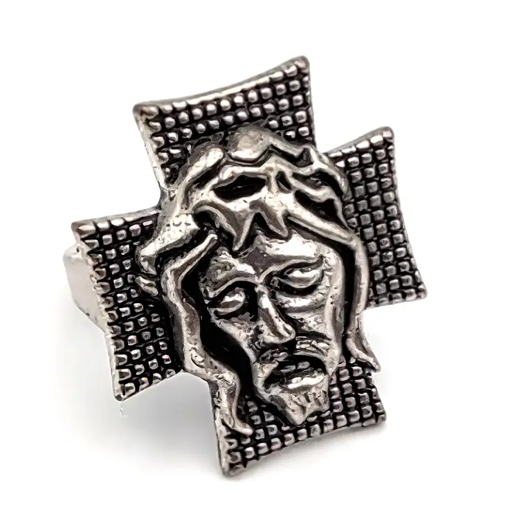 Raised Relief Jesus Christ Head On a Cross Metal Alloy Religious Ring Size 7.5