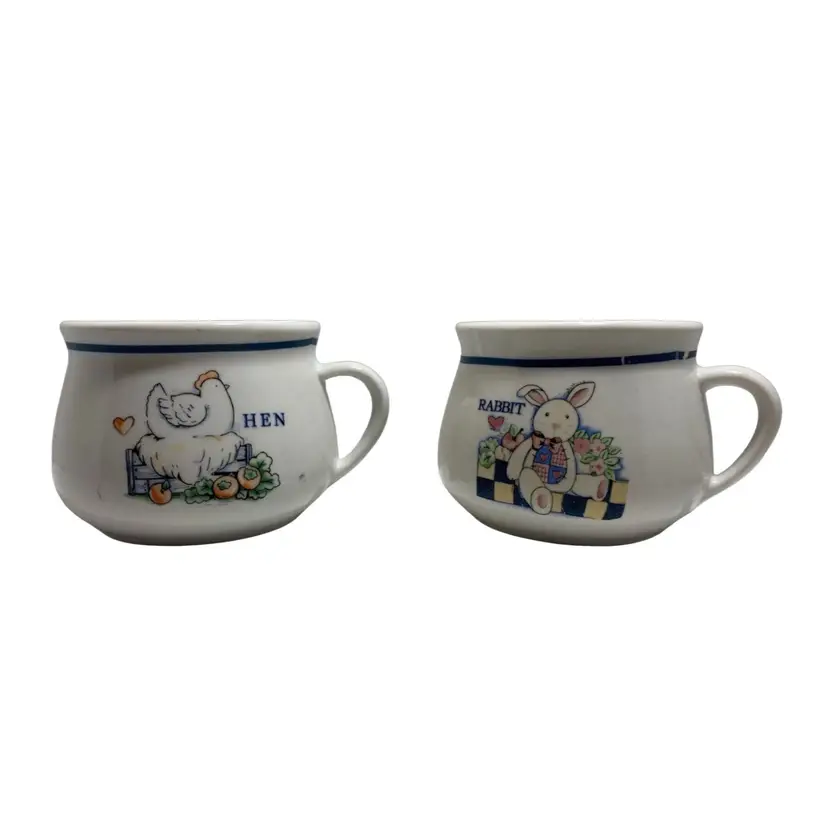 VTG (2) Soup Chili Mugs. Hen And Rabbit 14oz. 1980s?