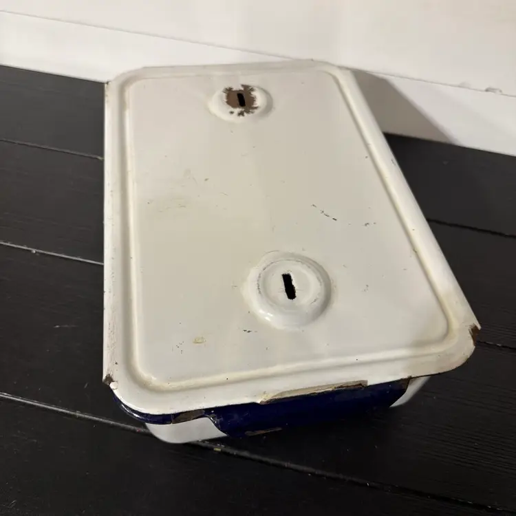 Vintage Enamel Vegetables Refrigerator Bin, White W/  Blue Trim, Emboss Writing