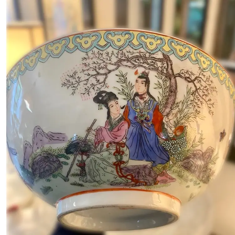 802. Large Vintage Chinese Famille Rose Hand Painted MACAU marked Porcelain Bowl Garden Courtship Figural Scene Marked with 4 Characters