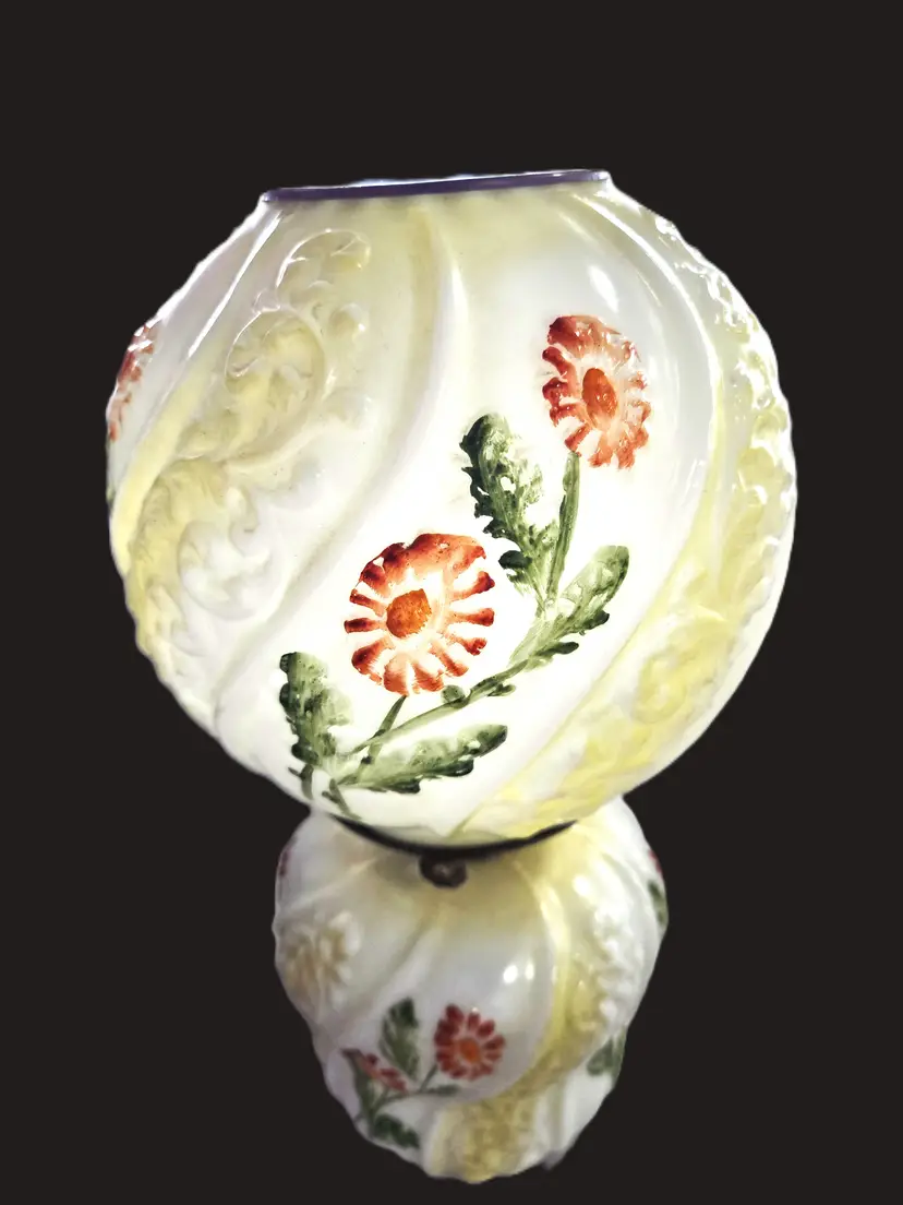 Vintage Hurricane Oil Lamp- Milk Glass Embossed Swirl Design w/ Hand Painted Flowers