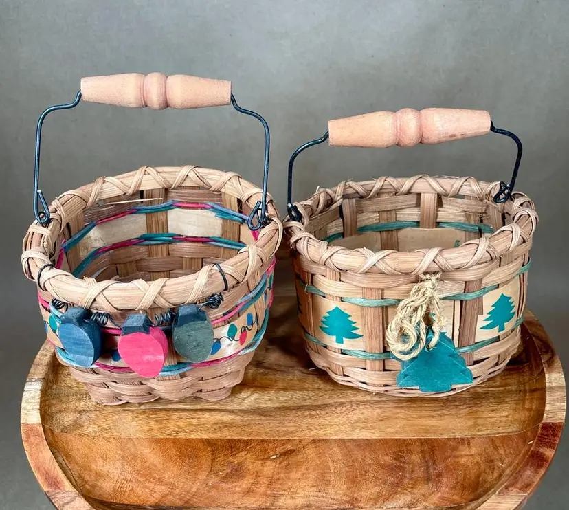 Farm House Holiday Christmas Small Wicker Baskets with Wire Wooden Handles with Wooden Lights and Wooden Trees