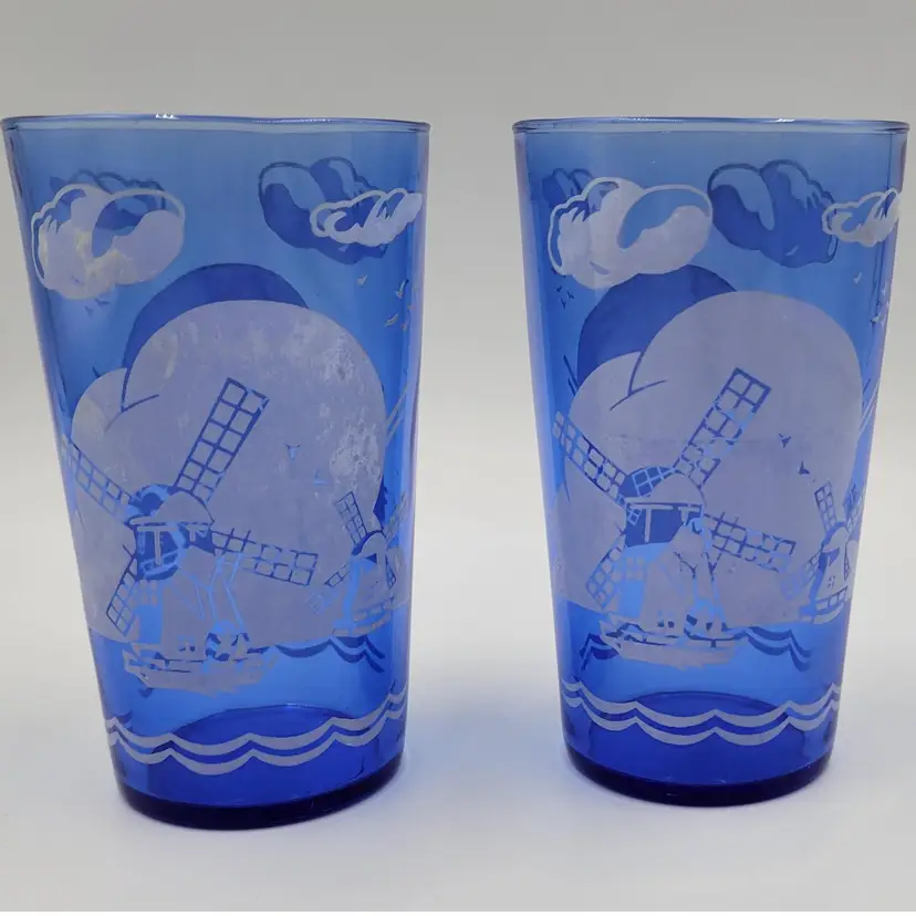 Vintage Hazel Atlas Cobalt Blue Glass Set Of 2 Juice Tumblers With Windmills 4 5/8" Tall