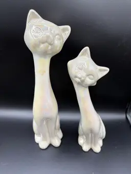 Pair Of Stretch Neck Cats Pearl Iridescent Glaze 12” And 10”