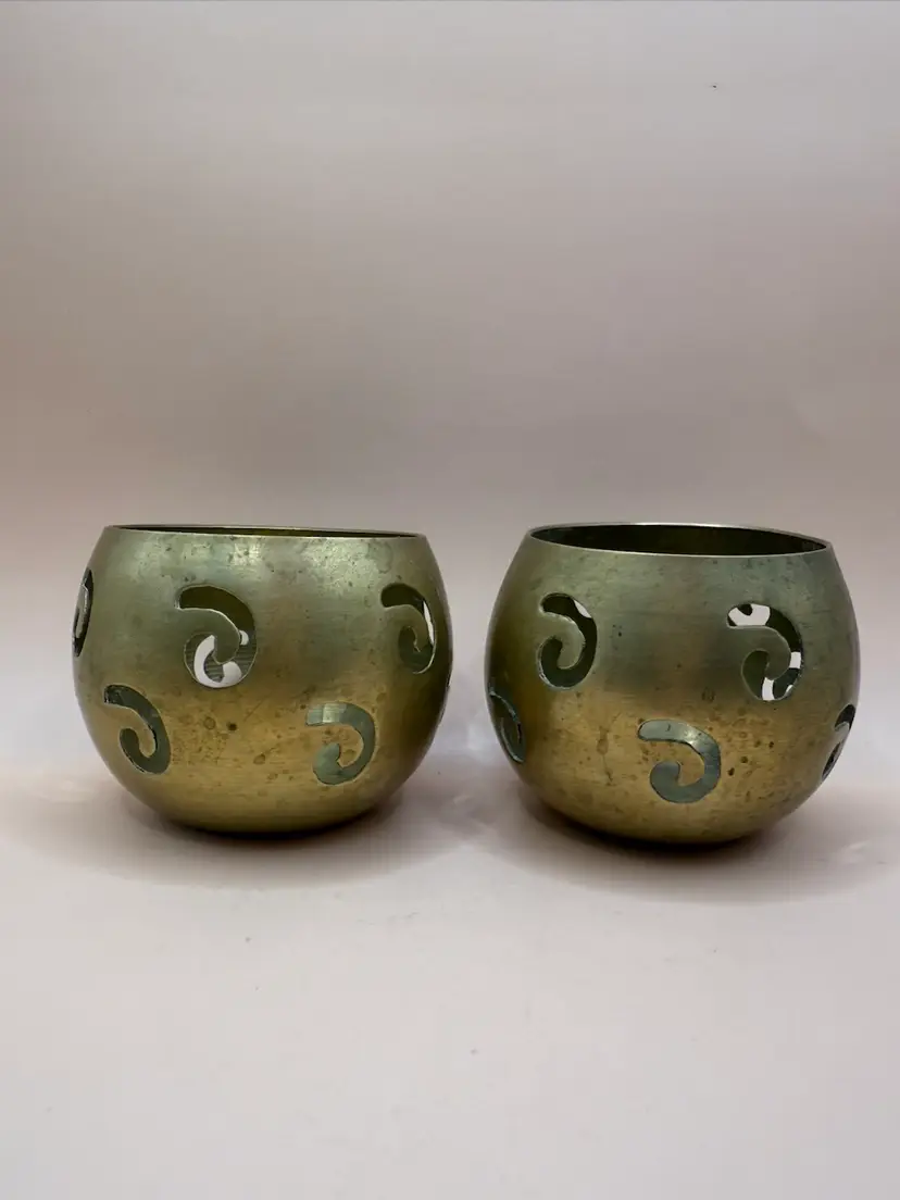 Brass Spiral Design Votive Candle Holder Pair 2.25”