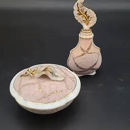 Vintage Pink Hand Painted Mid-Century Lefton China Vanity Dish & Perfume Bottle