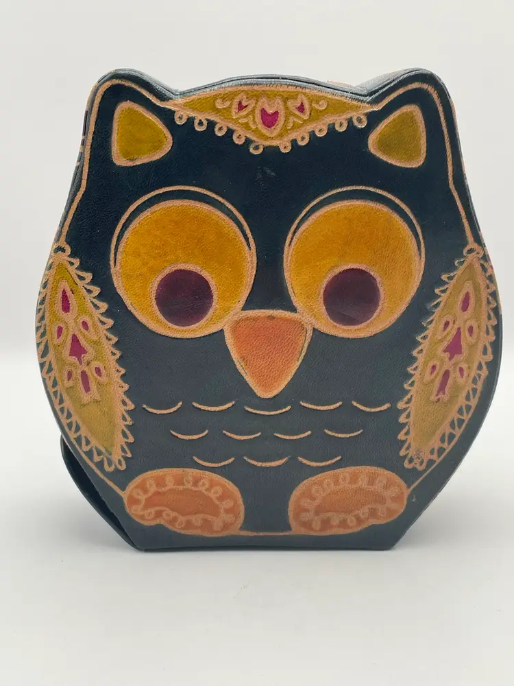 Vintage, Embossed Leather, OWL Coin Bank, Snap Closure, Dark Green/Gold/Pumpkin