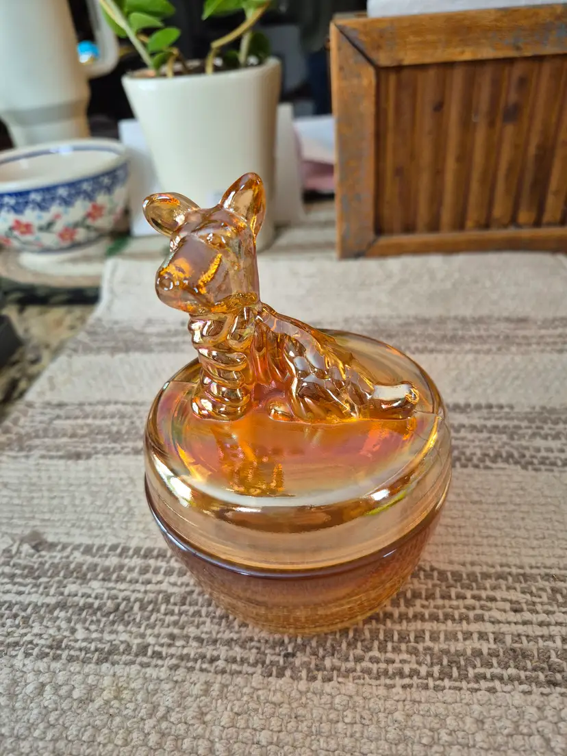 Vtg Scottie Dog marigold carnival glass trinket box