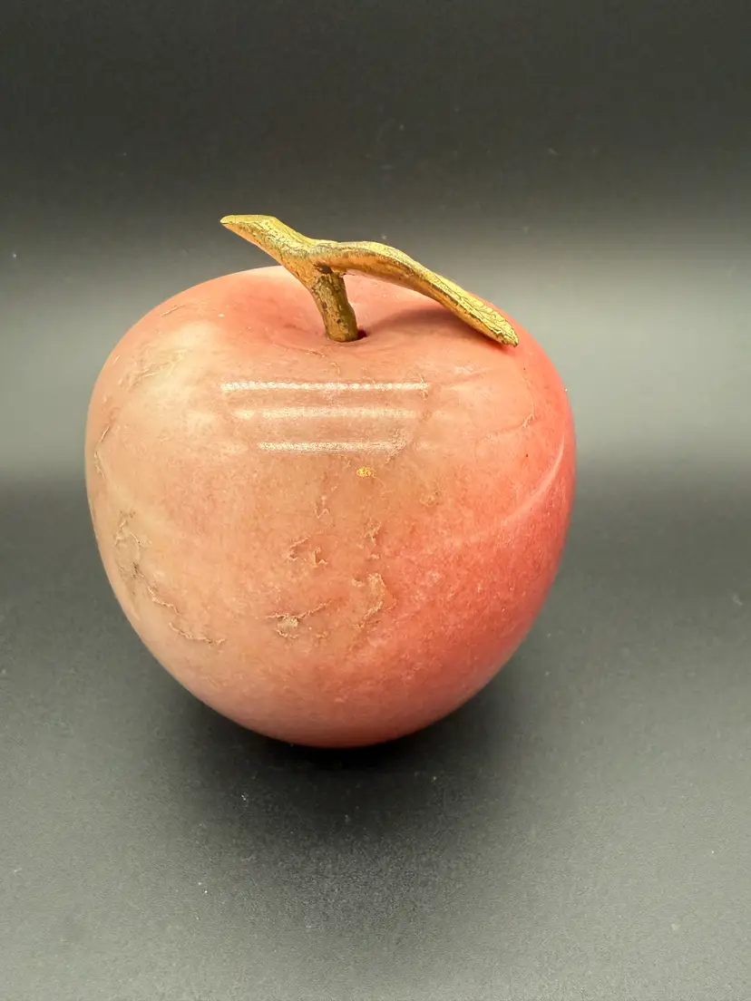 Stone (alabaster or marble) pink apple paperweight with brass stem