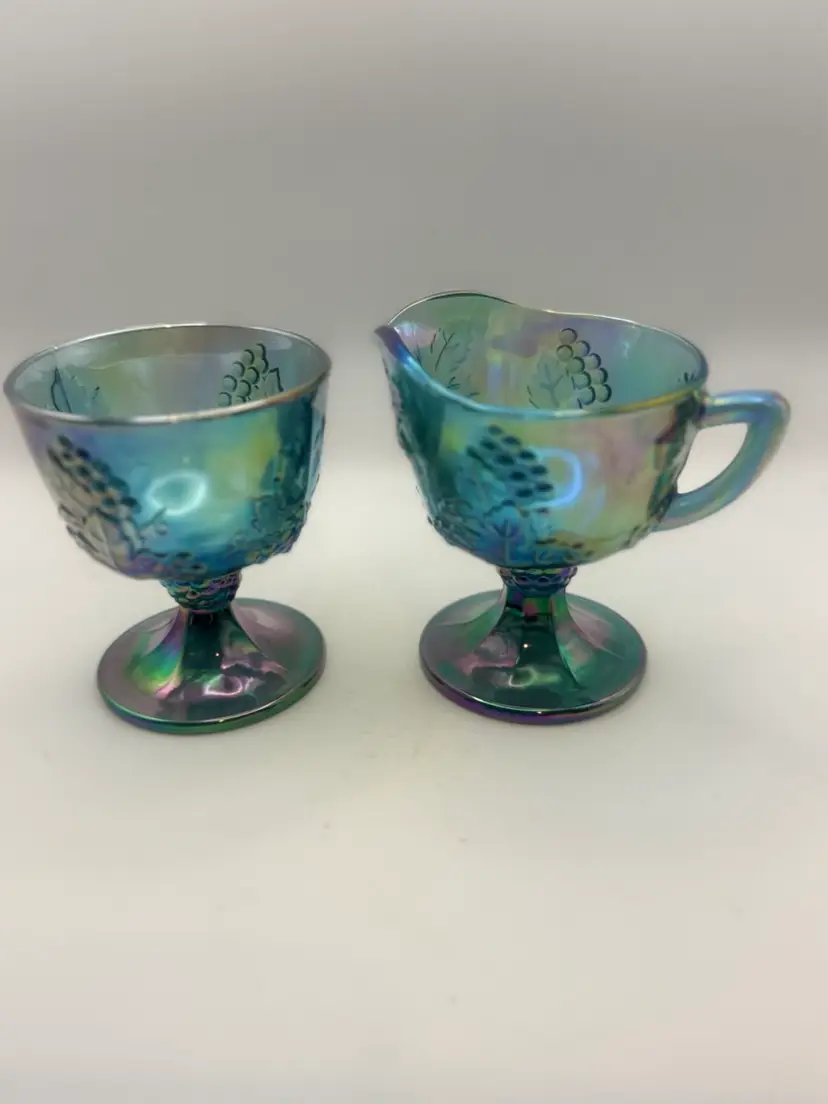 Carnival Glass Iridescent Blue Creamer/Open Sugar Set 3”