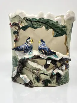 Blue Sky Clay Works Christmas Chatter Blue Jay Candle Holder Luminary