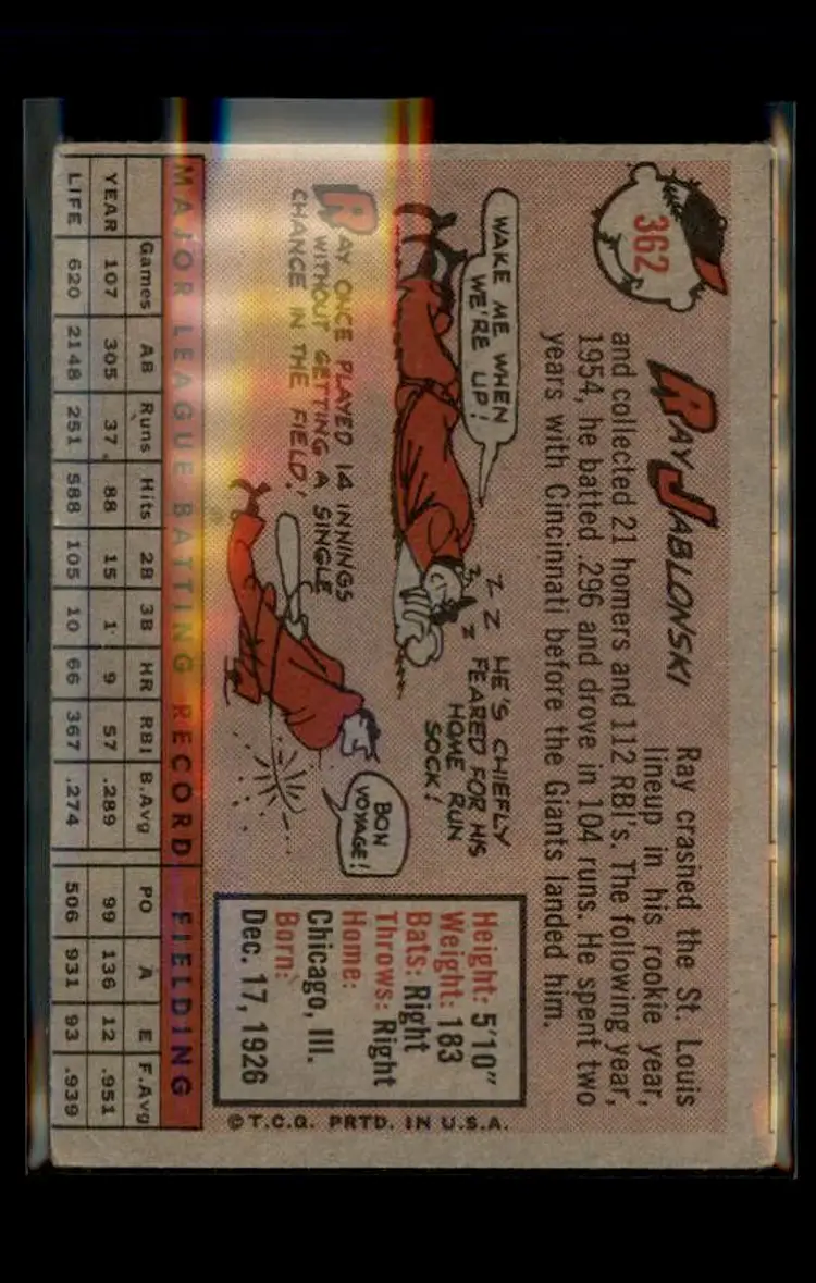 1958 Topps #362 Ray Jablonski - (pk4) - San Francisco Giants