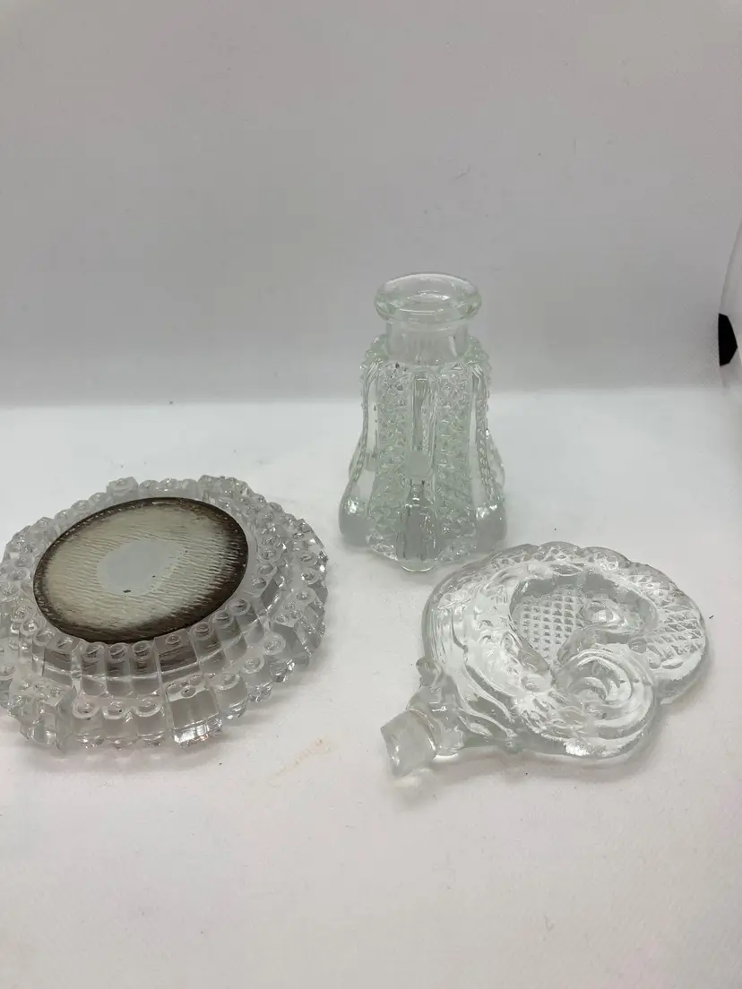 Hard to Find 3-Piece Set Mid Century Etched Art Deco perfume bottle Circa early 1950’s-measuring approx 7.5 high X approx. 2 3/4 wide