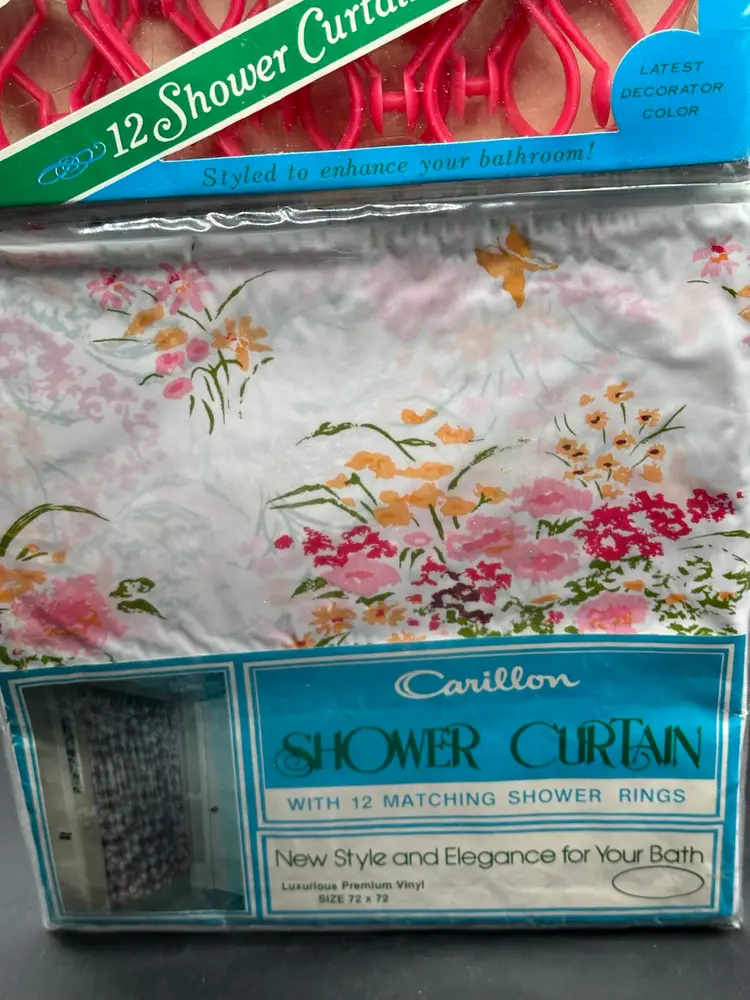 Carillon Shower Curtain Vtg 1970s White With Pink And Yellow Flowers Vinyl Rings