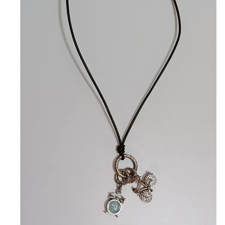 Fossil Brand Necklace With Bicycle And Clock Charms On Leather Cord; FUN!