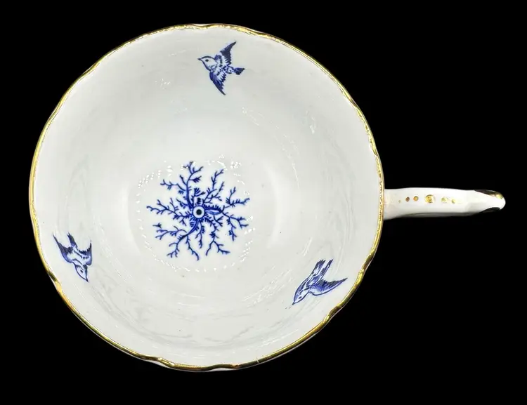 Vintage Coalport Footed Teacup Saucer White Blue Gold Rim Bird Branch Bone China