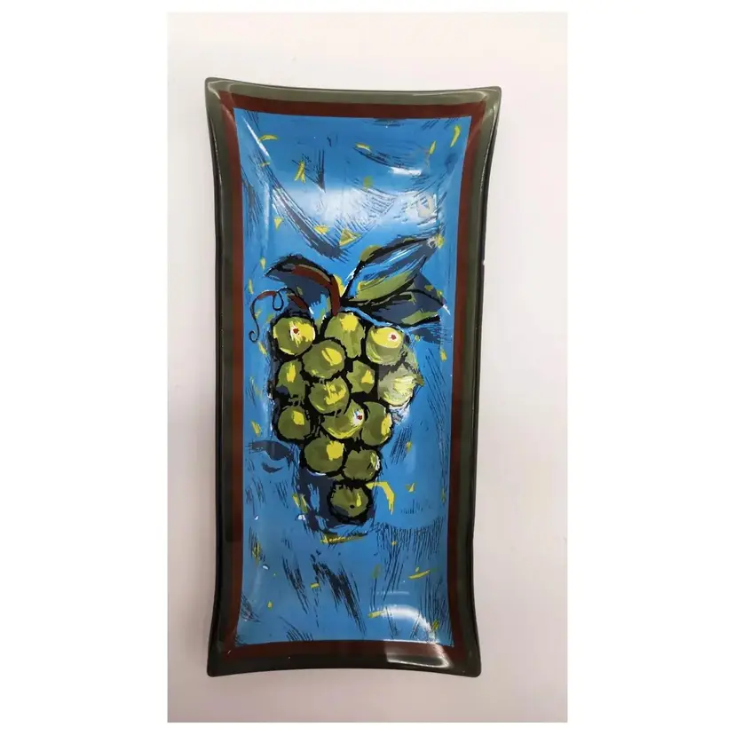 Glass Trinket Dish Blue Painted Green Grape Motif 6"x 4" Rectangle MCM
