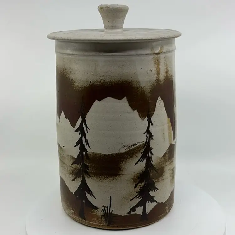 Anderson Pottery Pine Trees Lidded Canister Signed 10H 6Dia