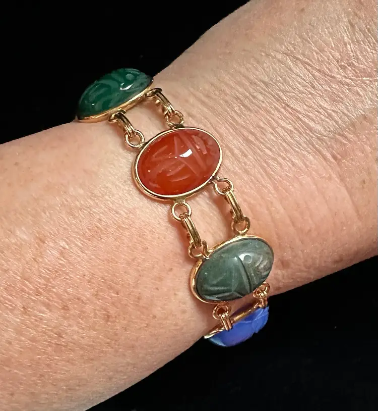 Vintage 12k GF Precious Carved Stone Scarab Bracelet 7”