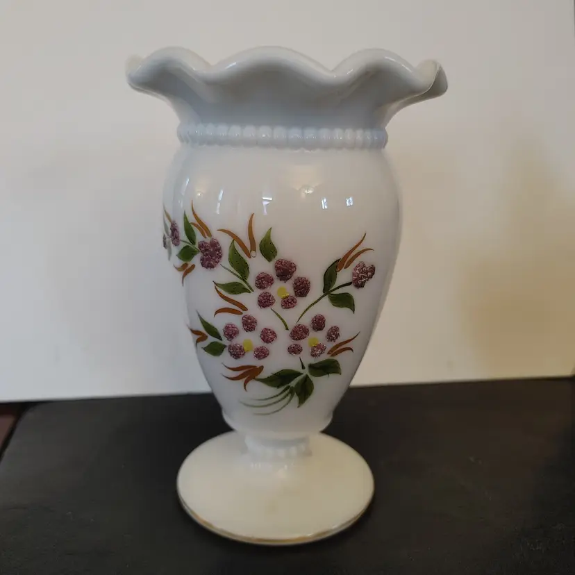 Westmoreland milk glass ruffled Vase with hand painted floral design. 1970's. No chips. 5.75 high.