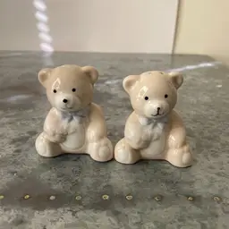 Vintage Ceramic Teddy Bear With Blue Bow Ties and Flowers Salt & Pepper Shakers