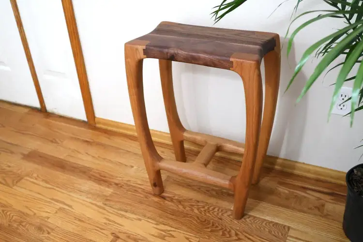 Bar Stool | Hand Carved Walnut and Alder Wood | Counter Height Stool 25" | Artistic Functional Stool
