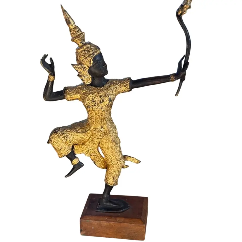 BEAUTIFUL THAILAND GOLD AND BLACK BRONZE BUDDHIST STATUE OF AN ARCHER DEITY