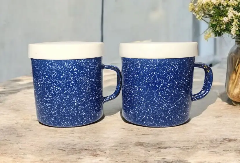 Speckled Enamelware Stovetop Salt Pepper Shakers Blue Vintage READ
