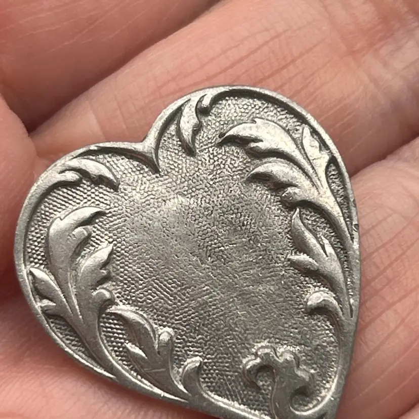 Vintage Pewter Heart Brooch Pendant Floral Etched Design Signed Romantic Cottage Core