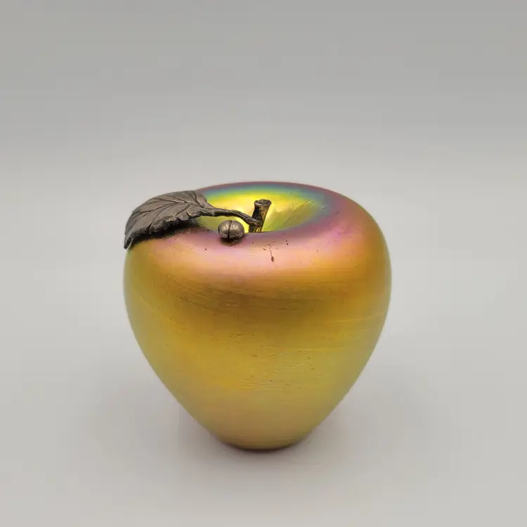 Grant Randolph Studio Art Glass Iridescent Golden Apple Paperweight Artist Signed