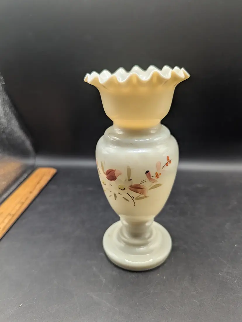 Vintage Ruffled Top Bristol Glass Vase Cream Hand-Painted  Rough Pontil 6.5".