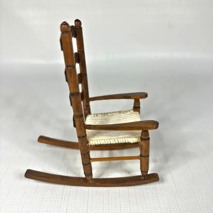 Wood Dollhouse Rocking Chair Woven Seat Miniature Furniture Décor 1:12 Scale Vtg