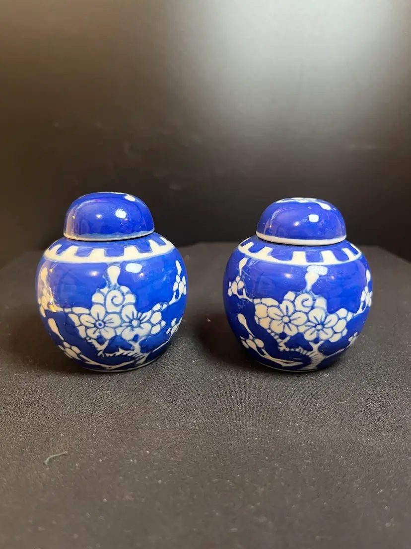 Pair of Vintage-Made in China-Porcelain Miniature Blue & White Ginger Jars w/ Cherry Blossom Design-Lot 53