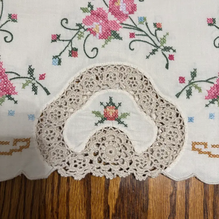 12- Vtg Hand Embroidered With Cotton Crochet Accent Table runner