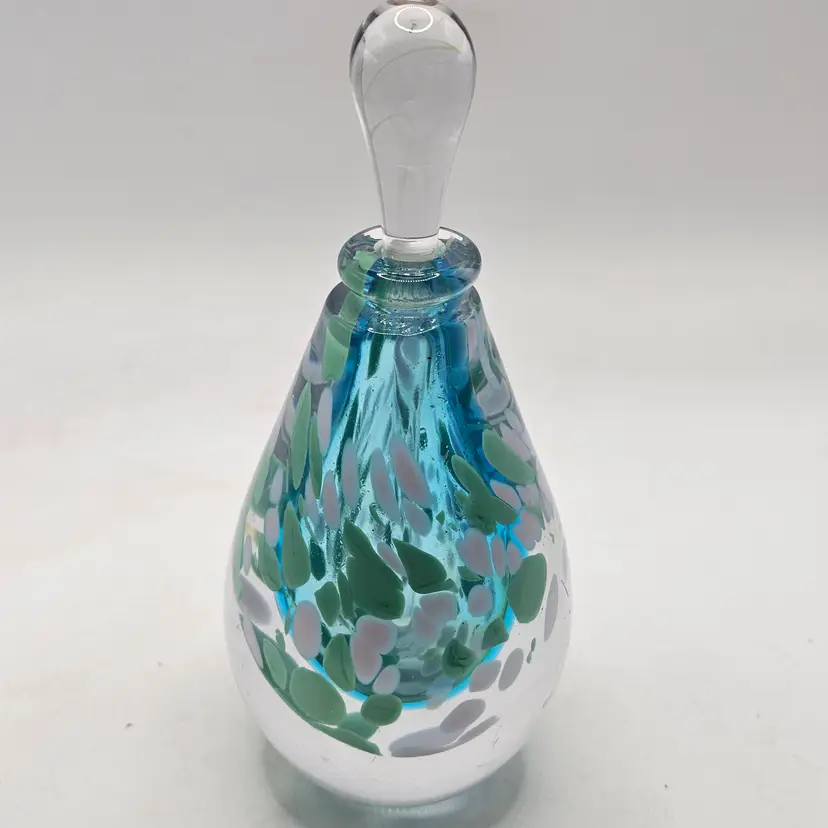 Art Glass perfume bottle with stopper Speckled blue green