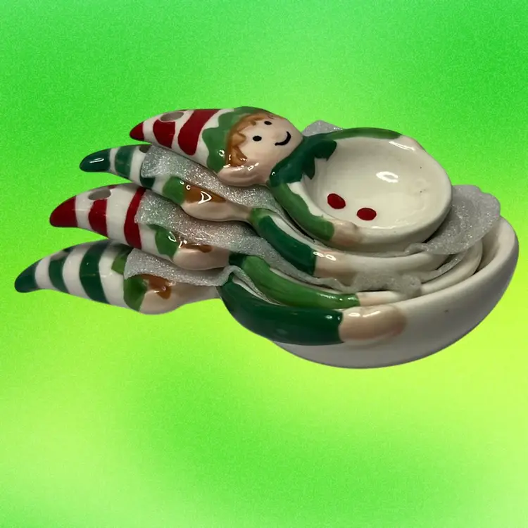 4 Piece “Holiday Time” Ceramic Elf Measuring Spoons.