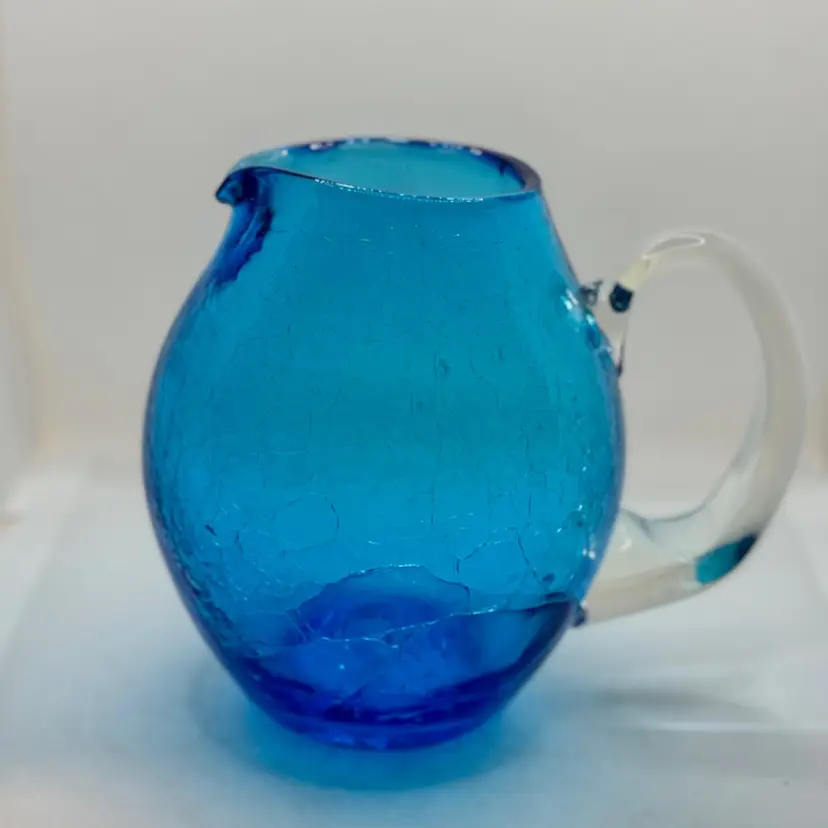 Vintage MCM Hand Blown Blue Crackle Glass Pitcher Clear Glass Applied Handle , Unbranded