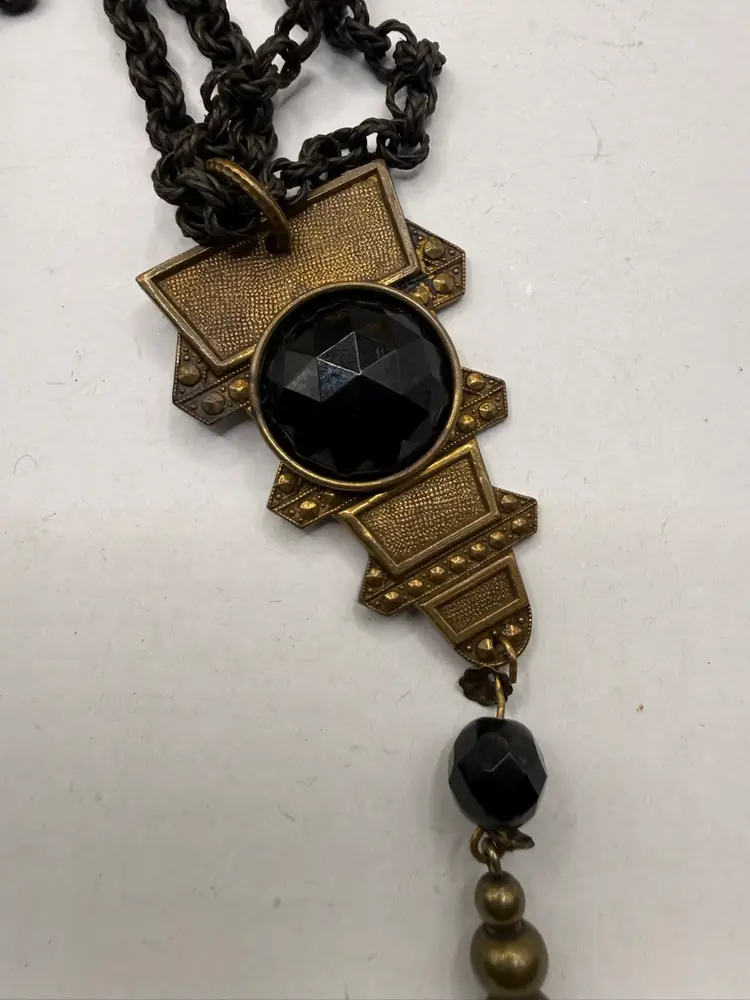 Art Deco Czech black glass pendant necklace