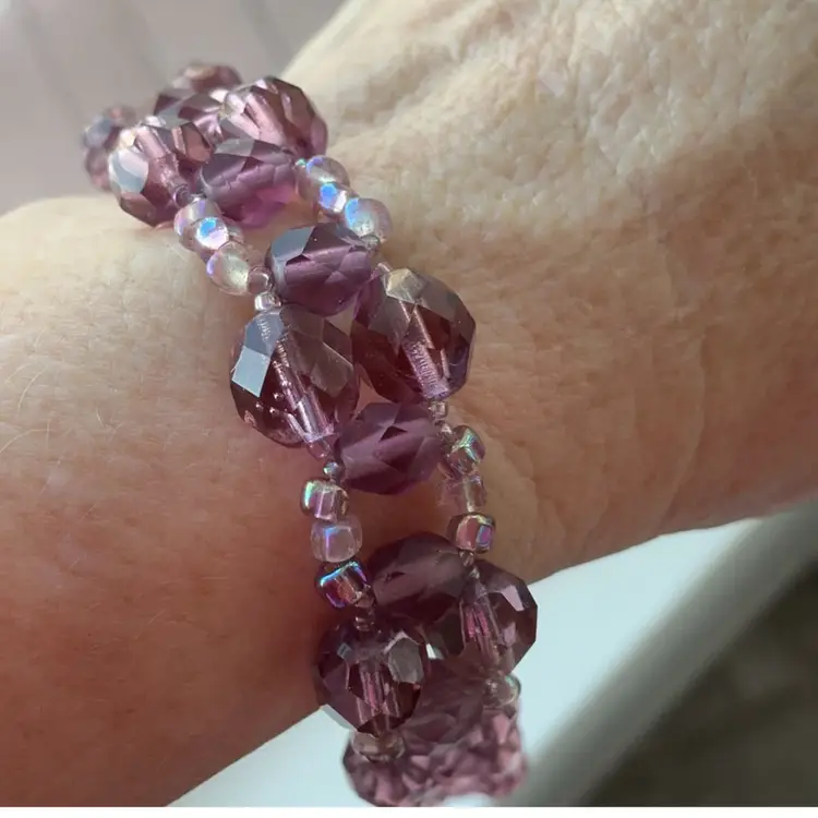 Plum Swarovski Crystal Bracelet with Gold Filled Filagree Box Clasp Artisan Made 7”