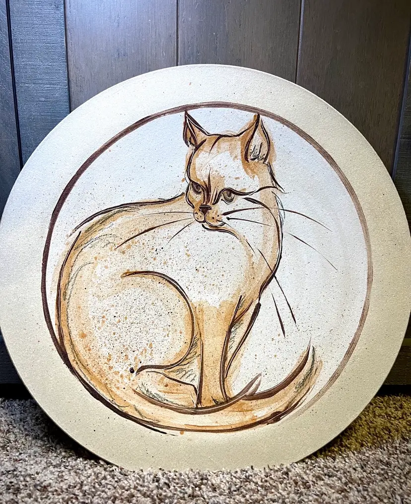 😺Vintage Hand Painted Studio Art Grog Pottery Orange Cat Decorative (hanging) Plate, Artist Signed😺