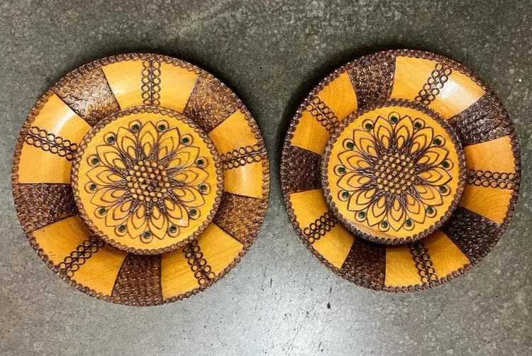 Two Carved Wood Folk Art Decorative Polish 7.5 Plate