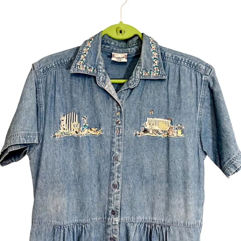 Vintage 90’s Maxi Denim Button Up Dress with Pockets and Embroidery Sz M
