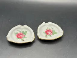Delicate pink rose Bavaria Germany Vintage Fine Porcelain mini Ashtray Set Of  2