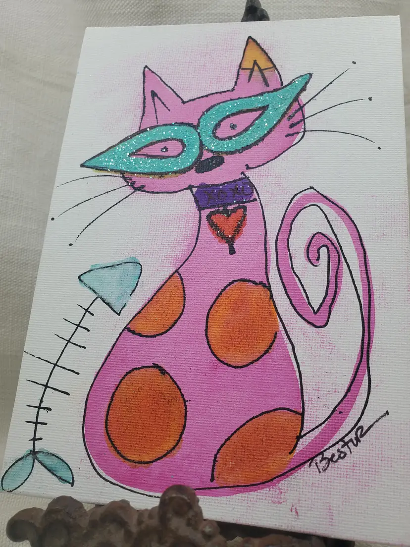 STELLA
PINK RETRO KITTY WITH GLASSES
Handpainted   5" X 7" Canvas Panel Done In India Ink