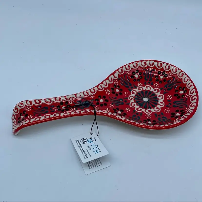 #4808 A hand-painted ceramic spoon rest by MYTH ARTS, featuring traditional Turkish floral motifs.