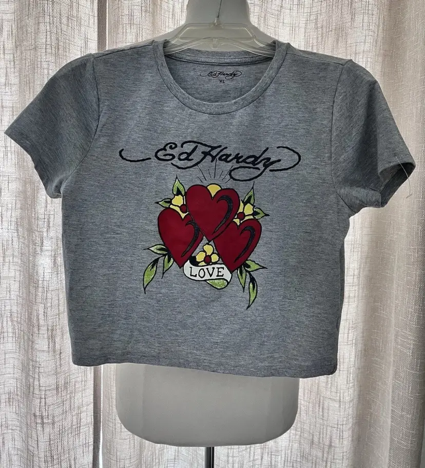VTg Y2K 2000s Ed Hardy Baby Tee Crop Shirt Top Size XL Tattoo Hearts  New