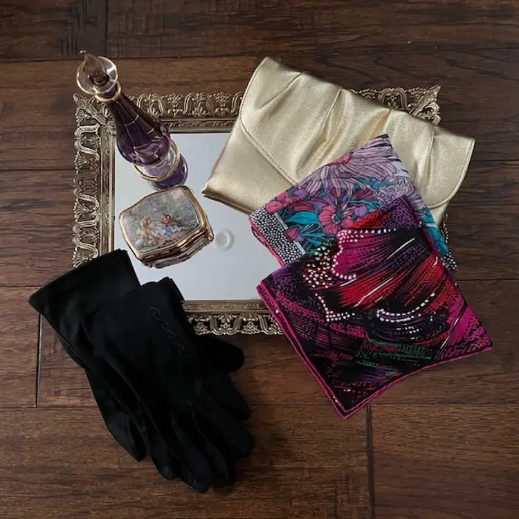 "Elevate Your Boudoir" Egyptian Perfume Bottle Vanity Tray Limoges Trinket Box Gold Clutch, ETC