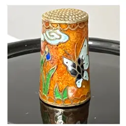 Cloisonne Collectible Enamel Metal Sewing Thimble Butterfly Flowers 1.1 in Height